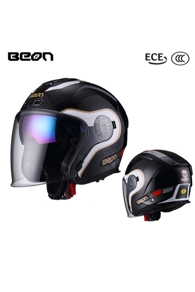 beon B-203 Güneş Gözlüklü Yazlık Yarım Kask Siyah Beyaz Gold