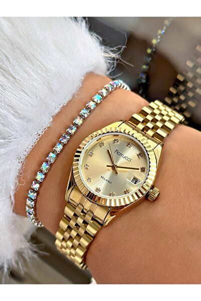 Ferrucci TAŞ RAKAMLI TAKVİMLİ GOL KADIN METAL KOL SAATİ