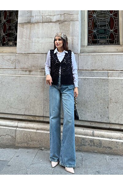 Hatun Atila Hatunatila Floral Patterned Acrylic Sweater Vest 5198 - Black