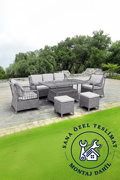 Niron Leo 3'lü Gri Rattan Bahçe Oturma Grubu - 3+1+1+2 Puf + Cam Masa Takımı ...