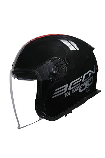 beon B-203 Güneş Gözlüklü Yazlık Yarım Kask Siyah Kırmızı