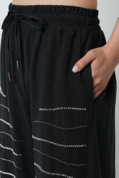 Orfeo Negro Women's Horizontal Stripe Stone Embroidered Solid Color Elastic Waist Wide Leg Pants