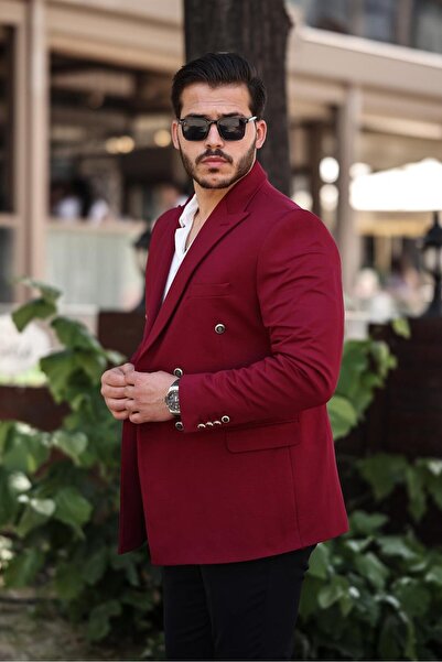 SABRİ ZENGİN Erkek Siyah Slim Fit Penye Kumaş Kruvaze Ceket