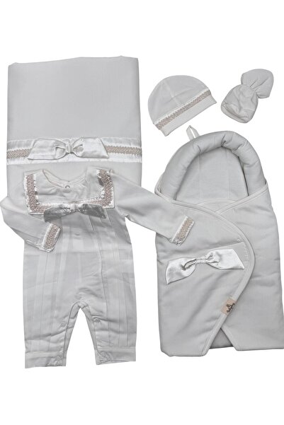 Baby day طقم استقبال مواليد فاخر 6 قطع قطن أبيض مع لفّة وفيونكة أنيقة