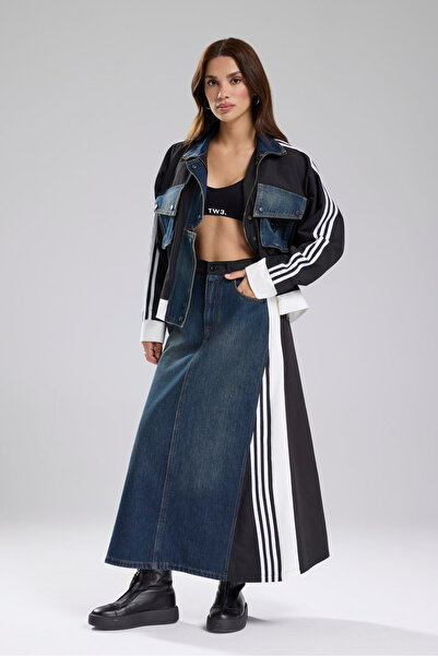 tw3 Fusta lungă cu design garnit cu denim cu detaliu în dungi pentru femei