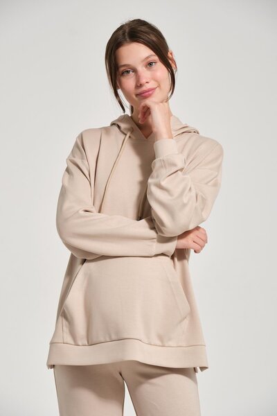 BUSA Maternity Side Zipper Hooded Wide Leg Modal Tracksuit Set Beige