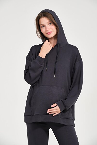 BUSA Maternity Side Zipper Hooded Wide Leg Modal Tracksuit Set Smoke