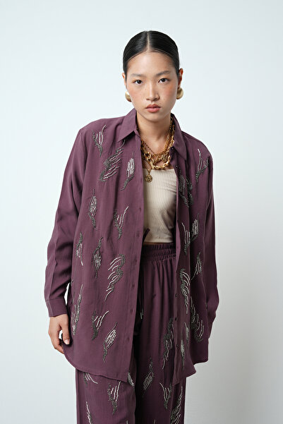 Orfeo Negro Women's Solid Color Oversize Shirt with Stone Embroidery on the Front