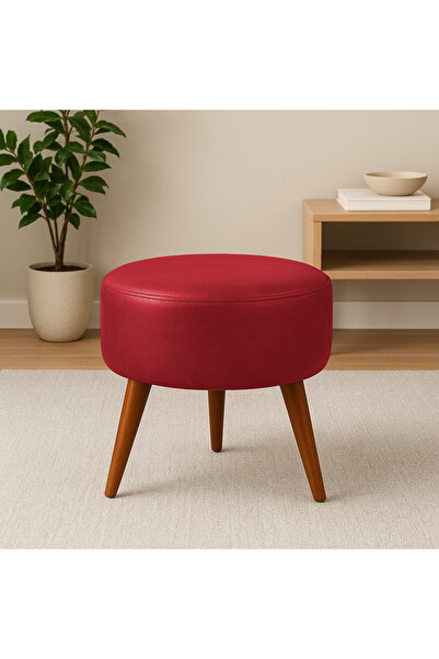 Azra Mobilya Kırmızı Deri Puf | Demonte Ayaklı Modern Oturma ve Dekoratif Sehpa