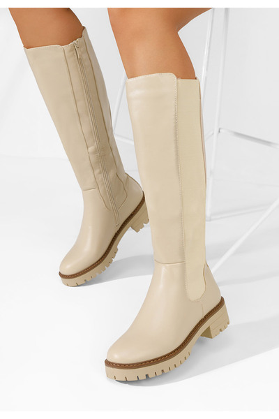 B T Shoes Cizme lungi fara toc Buffy bej