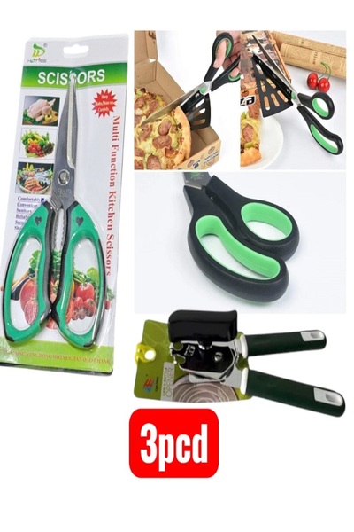 Generic طقم أدوات مطبخ 3 قطع: مقص مطبخي متعدد الاستخدامات، مقص للبيتزا مع حامل شريحة، وفتاحة علب عملية.