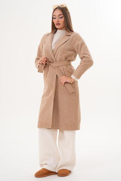 ŞİMAL Kadın Balıksırtı Desenli Kuşaklı Kaşe Kaban 255127 -