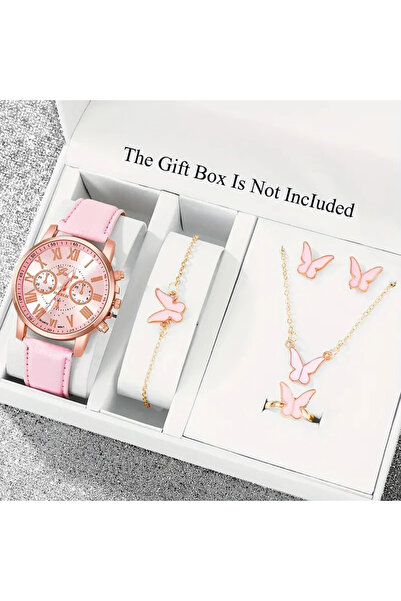 M SMİLE PEMBE KELEBEKLİ KADIN KOL SAAT SETİ, YÜZÜK KOLYE BİLEKLİK KÜPE SAAT SET