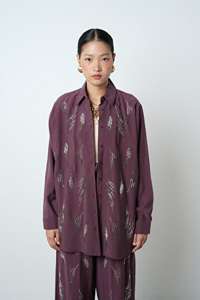 Orfeo Negro Women's Solid Color Oversize Shirt with Stone Embroidery on the Front