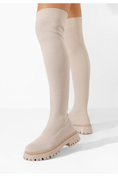 B T Shoes Cizme lungi fara toc Xena bej