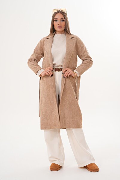 ŞİMAL Women's Houndstooth Patterned Belted Cashmere Coat 255127 -