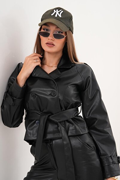 ŞİMAL Women's Double Button Belted Leather Jacket 255124 -