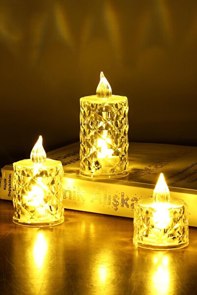 Telvesse 3lü Elmas Kristal Desenli Led Mum Seti Pilli Dumansız Alevli Ledli D...