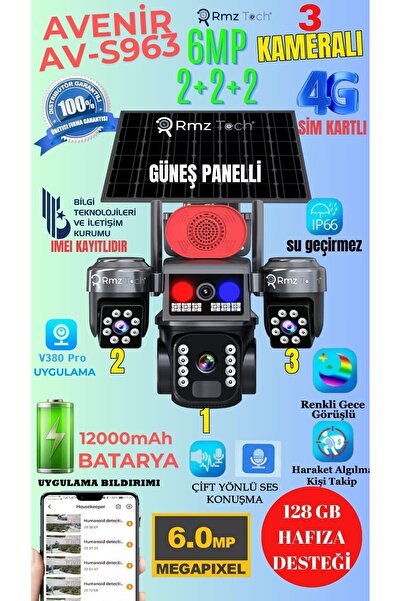 AVENİR YENİ AV-S963 3 Kameralı 6MP Güvenlik Kamerası – Çift Yönlü Ses, Polis Çakarlı, Kişi Algılama