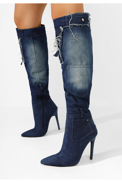 B T Shoes Denim vysoké kozačky na jehlovém podpatku Siris
