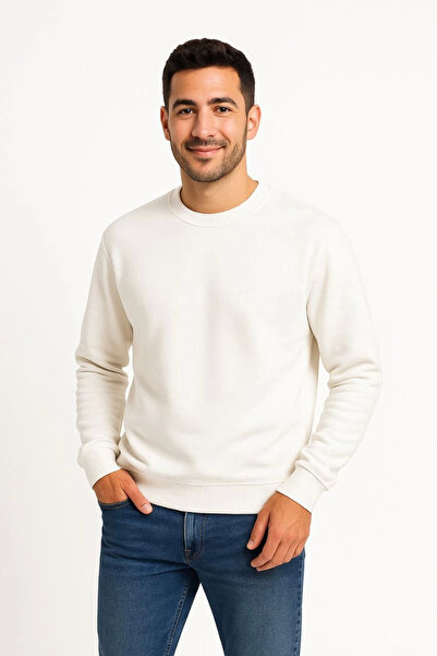 Generic Brand Men's 3 Thread Cotton Plain Crew Neck Sweatshirt - White