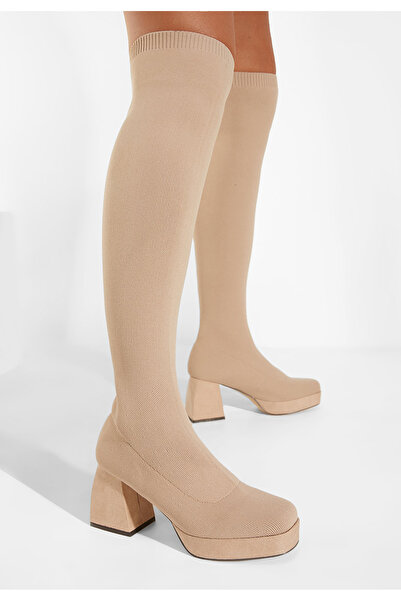 B T Shoes Béžové kozačky nad koleno Brena