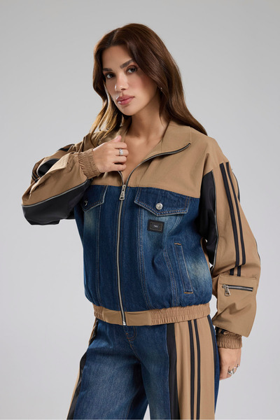 tw3 Γυναικείο τζιν μπουφάν με λεπτομέρεια σχεδίασης με ρίγες