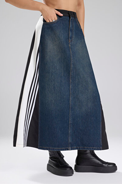 tw3 Fusta lungă cu design garnit cu denim cu detaliu în dungi pentru femei