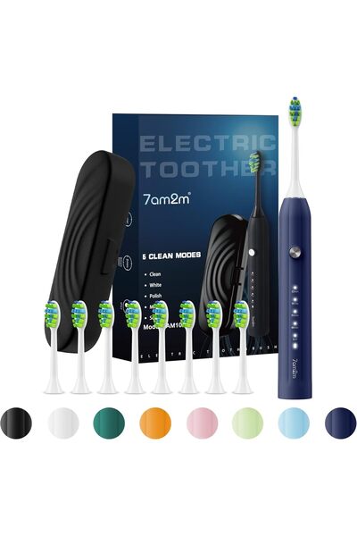7am2m فرشاة أسنان كهربائية سونيك للبالغين والأطفال، مع حقيبة سفر و8 رؤوس فرشا...