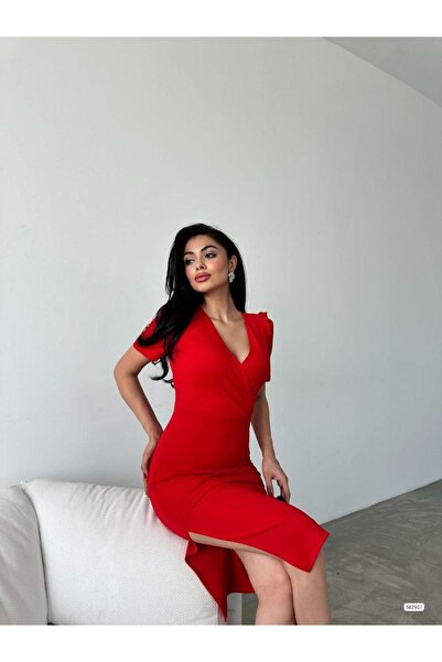 Modafeminen Double-Breasted Collar Side Slit Dress 582907 Red
