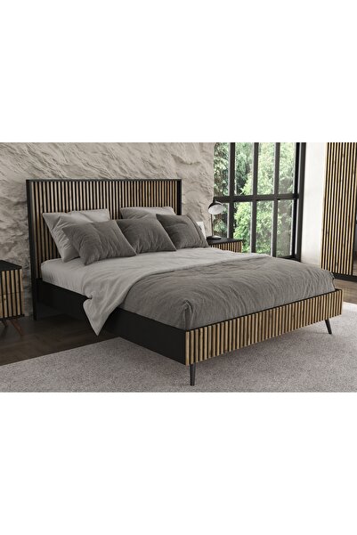 Sakura Ahşap Hunerika Samba Zebra desen Çift Kişilik Premium Karyola- Minifiks - siyah/Atlantik Çam