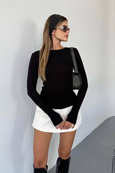 Butik Kadın Bisiklet Yaka Parmak Geçirmeli %95 Pamuklu Likralı Uzun Kollu Basic Body Bluz Siyah