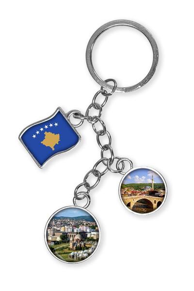 Dünyadan Hediyeler Kosovo Triple Epoxy Metal Double Sided Drop Keychain Kosovo