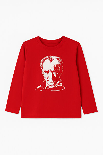 nacar çarşı Çocuk Kırmızı Uzun Kollu Atatürk Baskılı Tişört - 100% Pamuk
