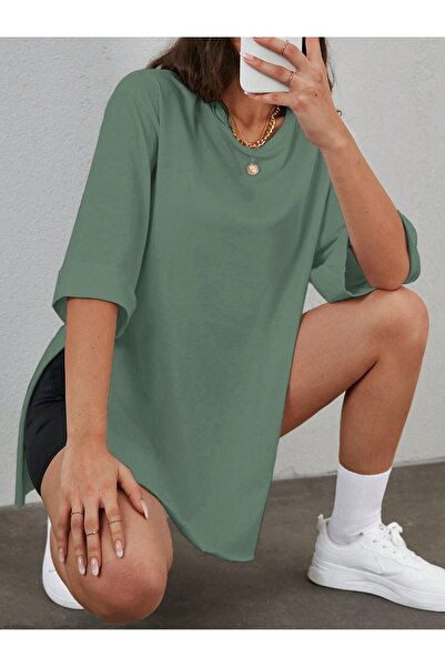 MOVİMENT تي شيرت نسائي مقاس قياسي بأكمام مزدوجة وشق جانبي بلون النعناع