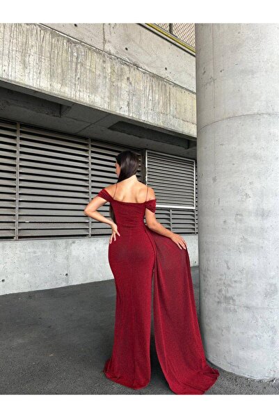 Modafeminen Flowers Esnek Kumaş Askılı Pile Detaylı Yırtmaçlı Abiye Elbise 583283 Kırmızı