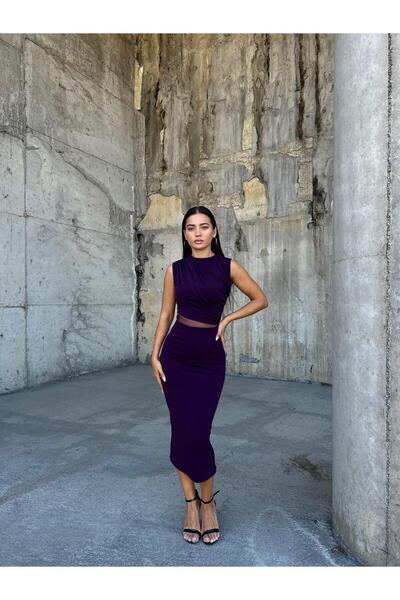 Modafeminen O-Neck Midi Pencil Dress Plum 583256