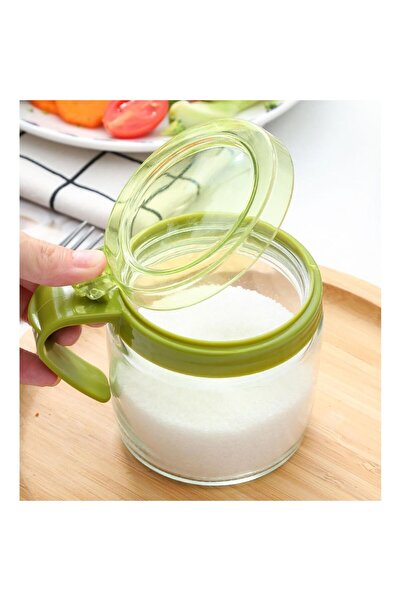 Flippy Glass Spice Jar, 180 ml, with Handle and Spoon, 8 x 9 cm, Transparent Lid, Green