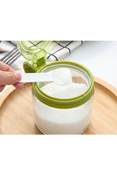 Flippy Glass Spice Jar, 180 ml, with Handle and Spoon, 8 x 9 cm, Transparent Lid, Green