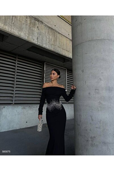 Modafeminen Black Dress with Crepe Stone Long Degajet Collar 583075