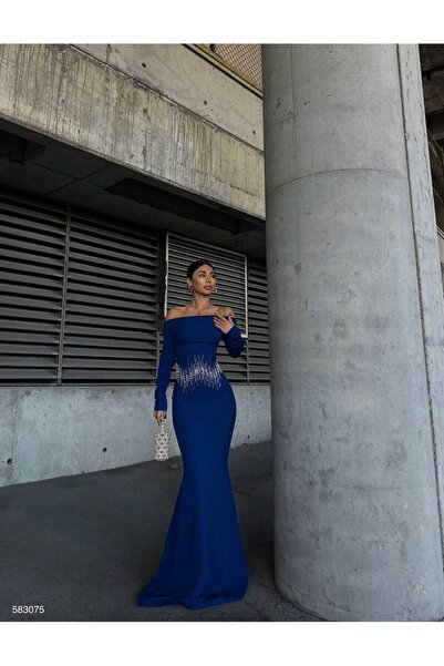 Modafeminen فستان ساكس طويل بياقة ديجيه من قماش الكريب 583075