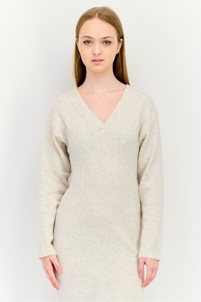 Don't Call Me Jennyfer Women V Neck Textured Sweater Dress, Beige