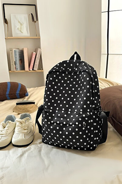 woys Korean Style Polka Dot Bow Detailed Black Color Backpack - Korean Style College School Bag