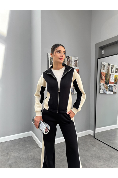 02Lady Fashion Zippered Garnished Piping Detailed 3 Thread Tracksuit Set