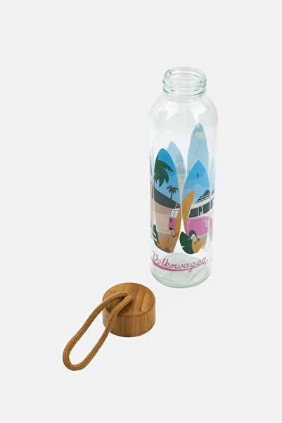 Puckator Volkswagen Glass Water Bottle With Wooden Lid 350ml, Transparent