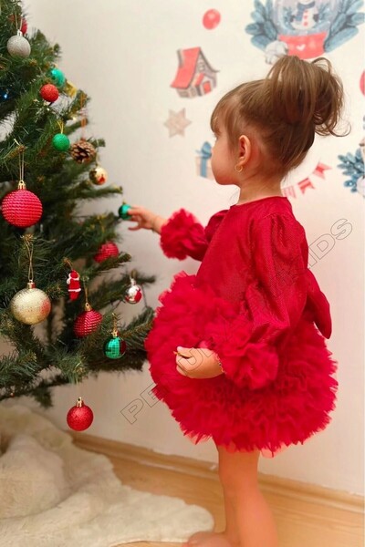 penu baby kids Red Glitter Fabric Tutu Skirted Long Sleeve Girl's Baby Girl Dress with Bow