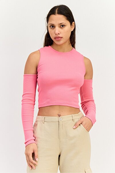 Don't Call Me Jennyfer Women Crew Neck Cold Shoulder Textured Crop Top, Brigh...