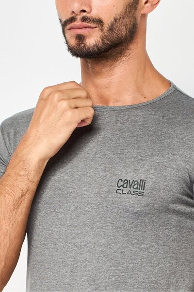 Cavalli Class Men Crew Neck Short Sleeve Brand Logo T-Shirt, Grey
