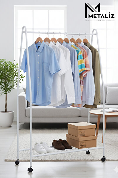 Metaliz Tekerli Metal Elbise Askılığı Taşınabilir ve Dayanıklı Raflı Giysi St...