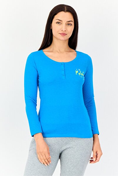 Zivame بيجامة نسائية بأكمام طويلة وطبعة جرافيكية، باللون الأزرق